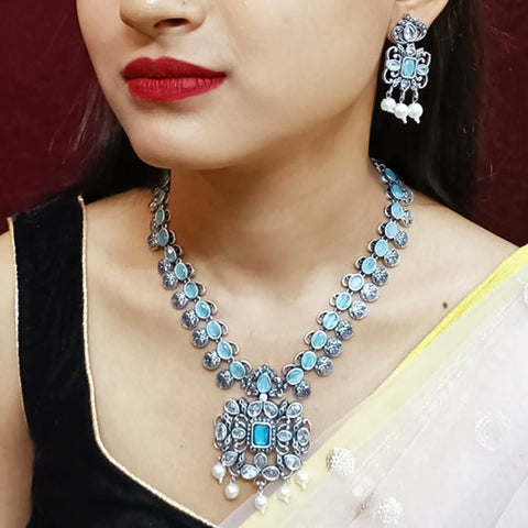 Designer Silver Oxidized & Blue Color Beaded Necklace with Earrings (D321)