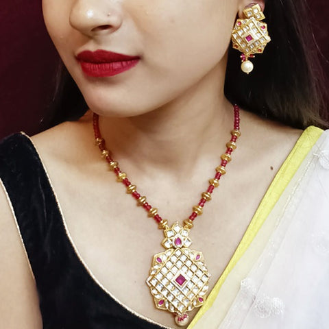 Designer Gold Plated Royal Kundan & Ruby Pendant Set (D336)