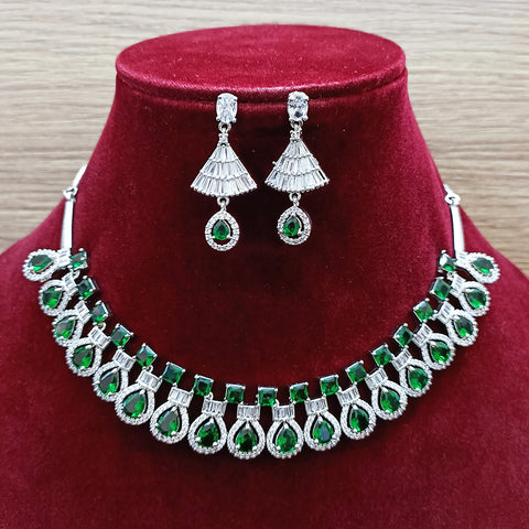 Designer Semi-Precious American Diamond & Green Emerald Necklace with Earrings (D318)