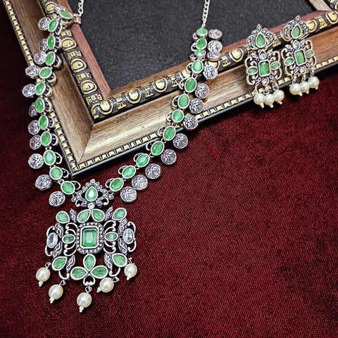 Designer Silver Oxidized & Green Color Beaded Necklace with Earrings (D320)