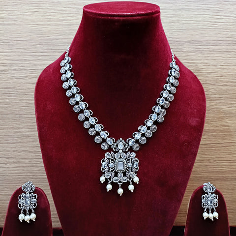 Designer Silver Oxidized & White Color Beaded Necklace with Earrings (D322)