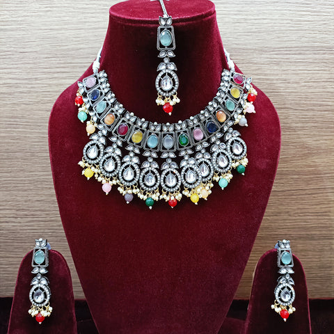 Designer Semi-Precious American Diamond & Multi Color Bid Necklace with Earrings (D317)