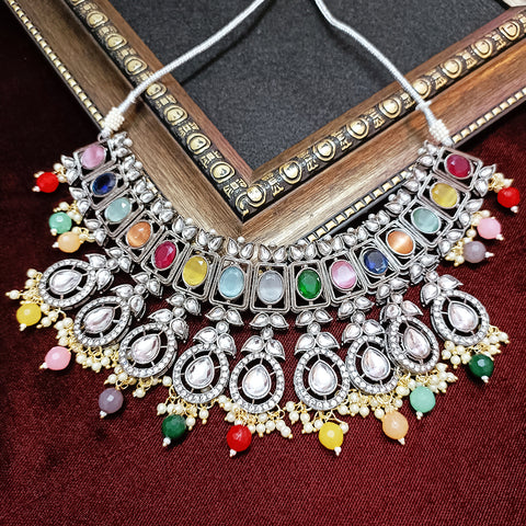 Designer Semi-Precious American Diamond & Multi Color Bid Necklace with Earrings (D317)