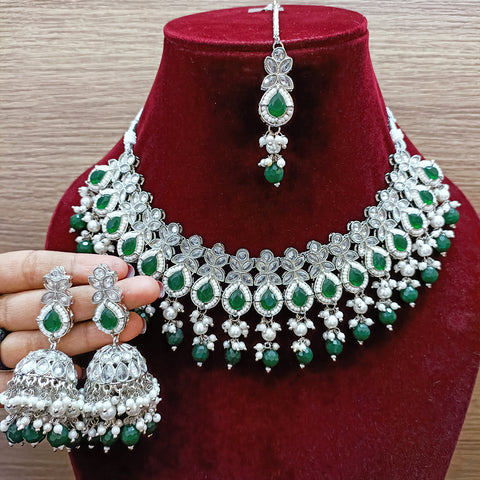 Designer Semi-Precious American Diamond & Green Emerald Necklace with Earrings (D316)