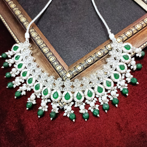 Designer Semi-Precious American Diamond & Green Emerald Necklace with Earrings (D316)