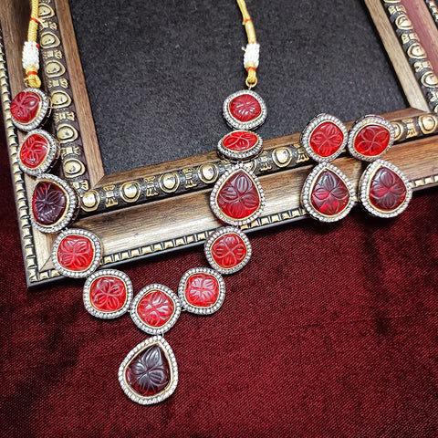 Designer Silver Oxidized & Red Color Beaded Necklace Set (D315)