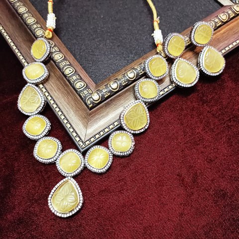 Designer Silver Oxidized & Yellow Color Monalisa Stone Necklace Set (D313)