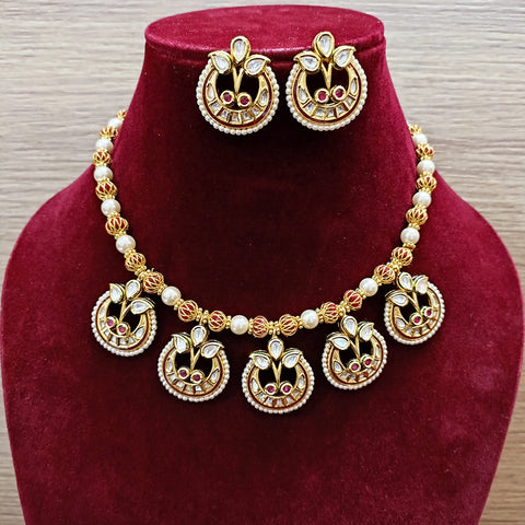 Designer Gold Plated Royal Kundan & Ruby Red Necklace with Earrings (D334)