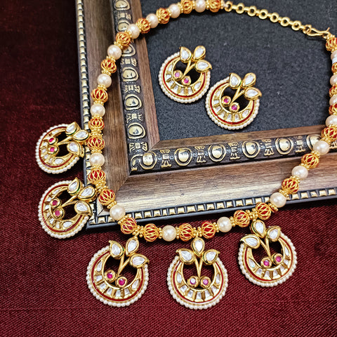 Designer Gold Plated Royal Kundan & Ruby Red Necklace with Earrings (D334)