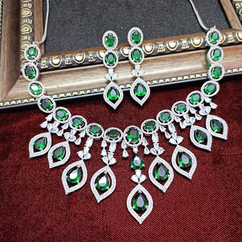Designer Semi-Precious American Diamond & Green Emerald Necklace with Earrings (D309)