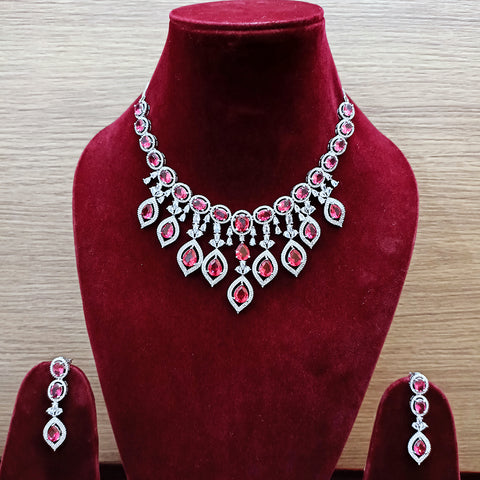 Designer Semi-Precious American Diamond & Ruby Necklace with Earrings (D311)