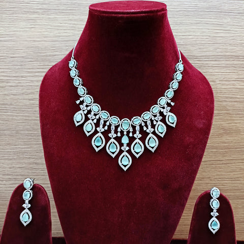 Designer Semi-Precious American Diamond & Mint Green Necklace with Earrings (D310)