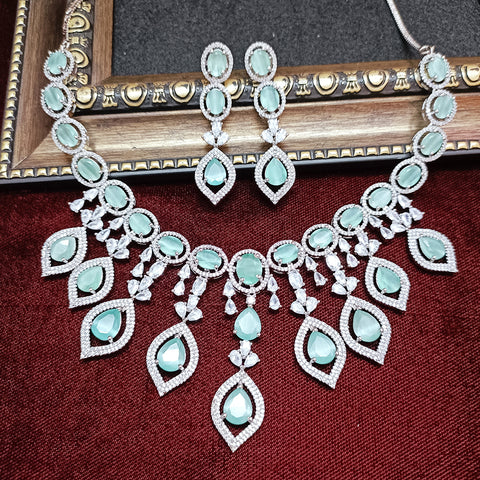 Designer Semi-Precious American Diamond & Mint Green Necklace with Earrings (D310)