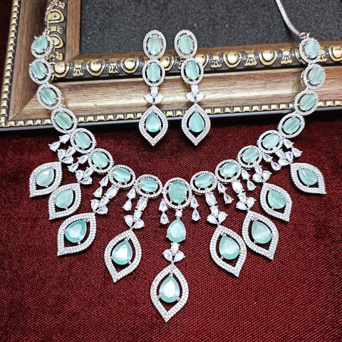 Designer Semi-Precious American Diamond & Mint Green Necklace with Earrings (D310)