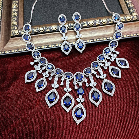 Designer Semi-Precious American Diamond & Blue Sapphire Necklace with Earrings (D308)