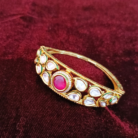 Designer Gold Plated Royal Kundan & Ruby Openable Bracelet (Design 104)