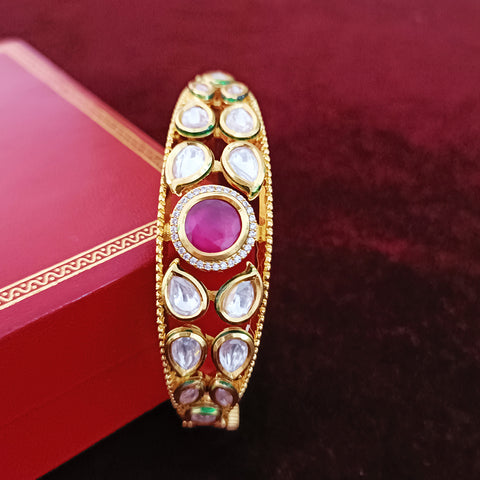 Designer Gold Plated Royal Kundan & Ruby Openable Bracelet (Design 104)