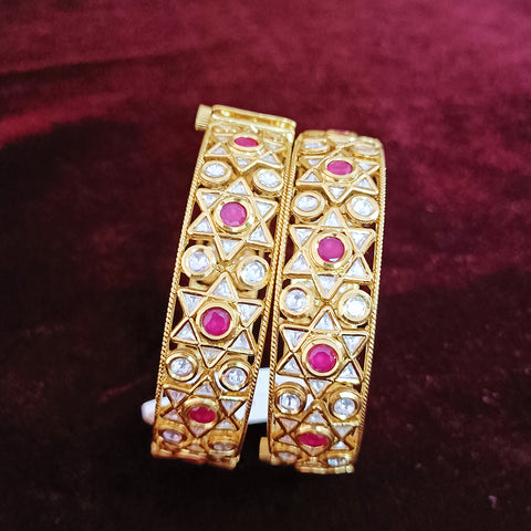 Designer Gold Plated Royal Kundan & Ruby Openable Bracelet (Design 100)