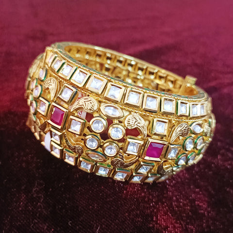 Designer Gold Plated Royal Kundan & Ruby Openable Bracelet (Design 107)