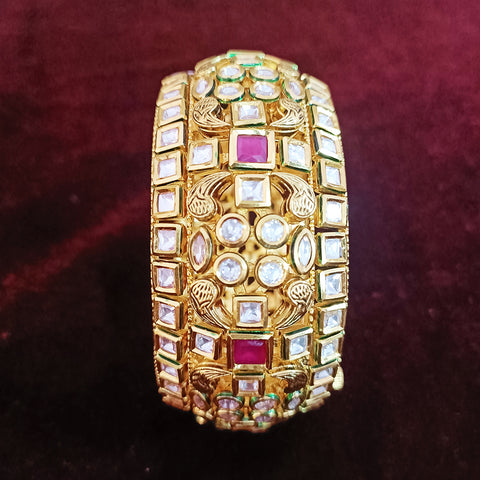 Designer Gold Plated Royal Kundan & Ruby Openable Bracelet (Design 107)