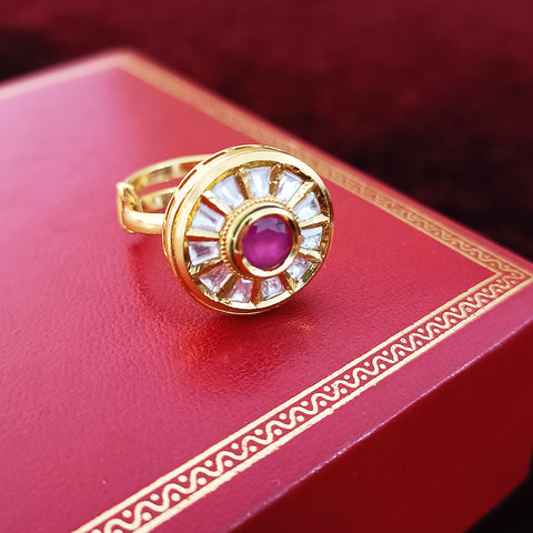 Designer Gold Plated Royal Kundan & Ruby Beaded Ring (Design 112)