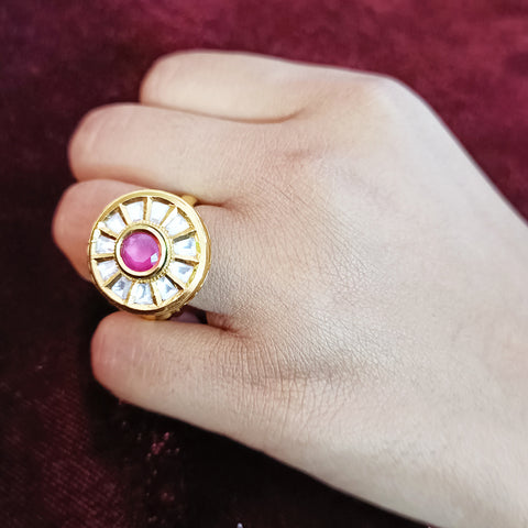 Designer Gold Plated Royal Kundan & Ruby Beaded Ring (Design 112)