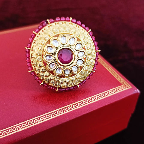 Designer Gold Plated Royal Kundan & Ruby Beaded Ring (Design 123)