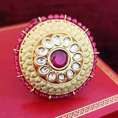Designer Gold Plated Royal Kundan & Ruby Beaded Ring (Design 123)