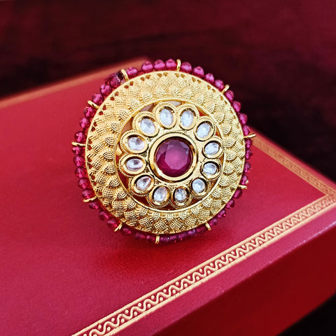 Designer Gold Plated Royal Kundan & Ruby Beaded Ring (Design 123)