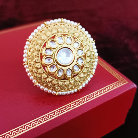 Designer Gold Plated Royal Kundan Beaded Ring (Design 124)