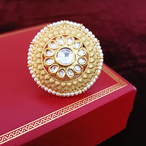 Designer Gold Plated Royal Kundan Beaded Ring (Design 124)
