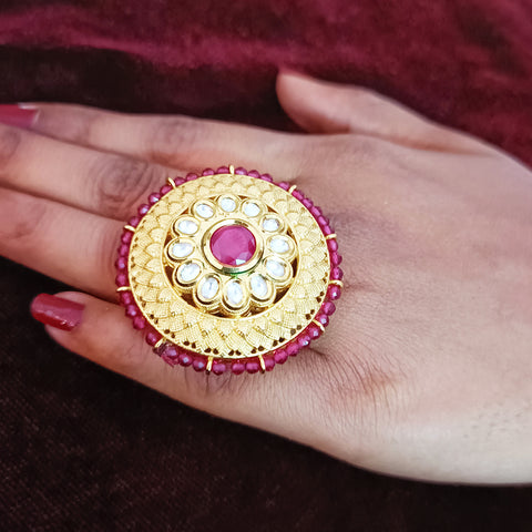 Designer Gold Plated Royal Kundan & Ruby Beaded Ring (Design 123)