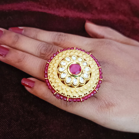 Designer Gold Plated Royal Kundan & Ruby Beaded Ring (Design 123)