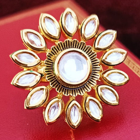 Designer Gold Plated Royal Kundan Beaded Ring (Design 122)