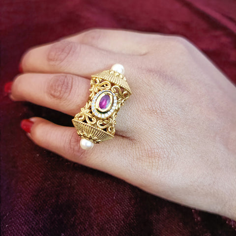 Designer Gold Plated Royal Kundan & Ruby Beaded Ring (Design 114)