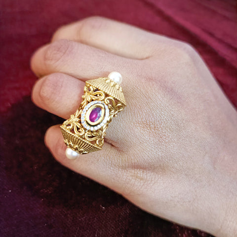 Designer Gold Plated Royal Kundan & Beaded Ring (Design 114)