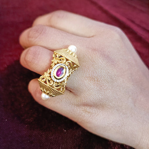 Designer Gold Plated Royal Kundan & Ruby Beaded Ring (Design 114)