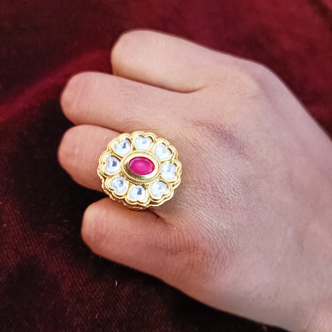 White/Red Designer Gold Plated Kundan Ring (Design 67)
