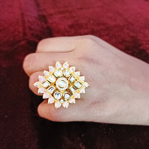 Designer Gold Plated Pink Enameled Royal Kundan & Ruby Beaded Ring (Design 130)