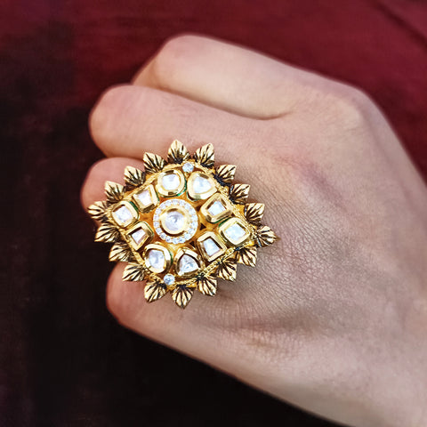 Designer Gold Plated Black Enameled Royal Kundan Beaded Ring (Design 129)