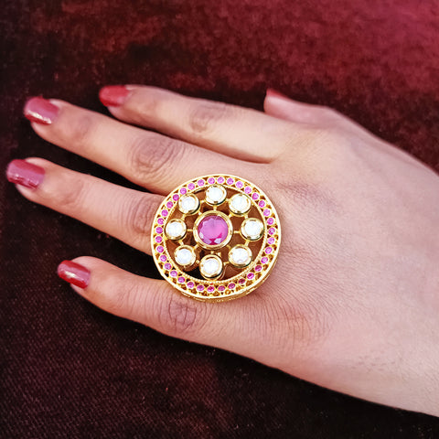 Designer Gold Plated Royal Kundan & Ruby Beaded Ring (Design 119)