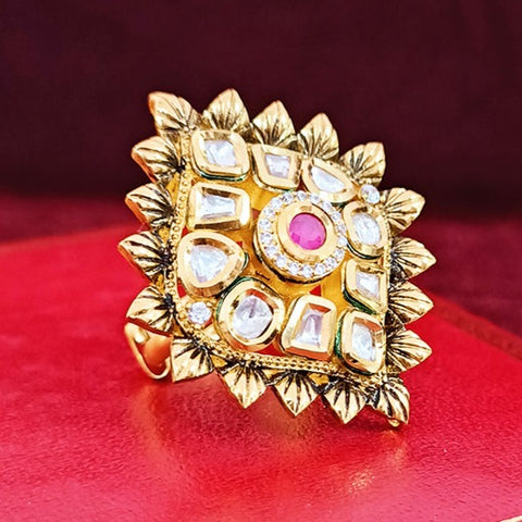 Designer Gold Plated Black Enameled Royal Kundan & Ruby Beaded Ring (Design 127)