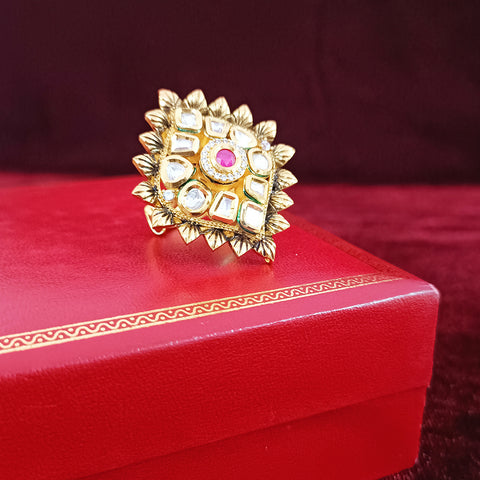 Designer Gold Plated Black Enameled Royal Kundan & Ruby Beaded Ring (Design 127)