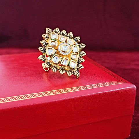 Designer Gold Plated Black Enameled Royal Kundan Beaded Ring (Design 129)
