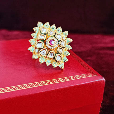 Designer Gold Plated Green Enameled Royal Kundan & Ruby Beaded Ring (Design 128)