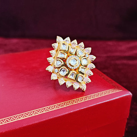 Designer Gold Plated Pink Enameled Royal Kundan & Ruby Beaded Ring (Design 130)