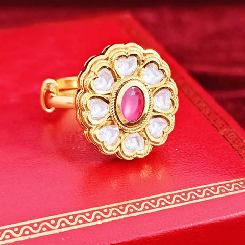 White/Red Designer Gold Plated Kundan Ring (Design 67)