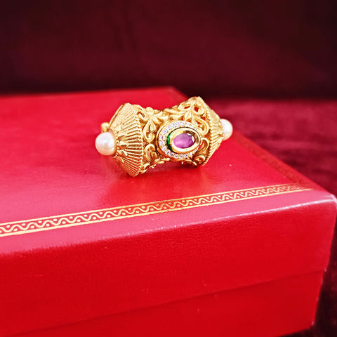 Designer Gold Plated Royal Kundan & Beaded Ring (Design 114)