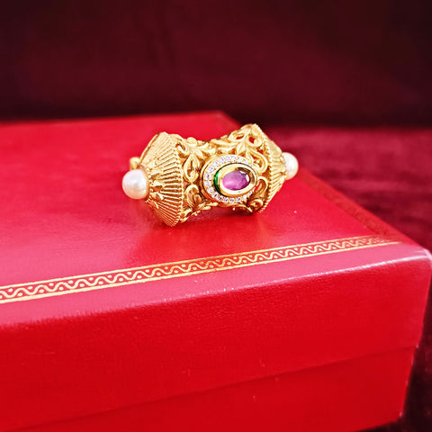 Designer Gold Plated Royal Kundan & Ruby Beaded Ring (Design 114)