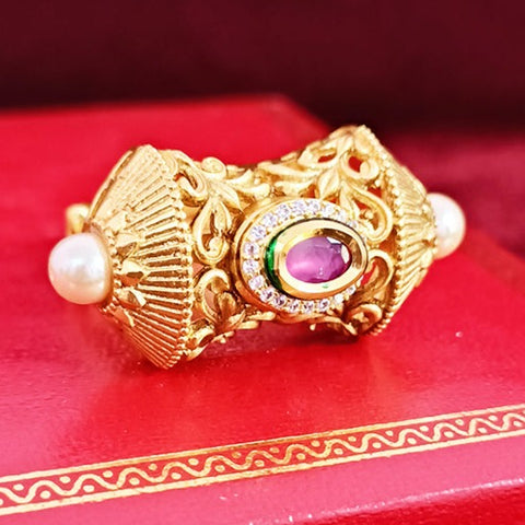 Designer Gold Plated Royal Kundan & Ruby Beaded Ring (Design 114)